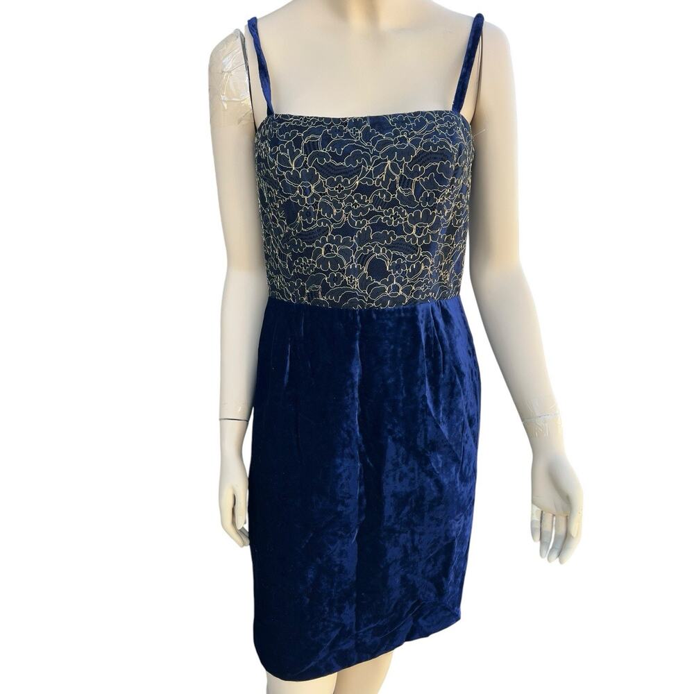 Vtg 90s Luca Luca Royal Blue + Gold Velvet And Lace Cocktail Dress Size 46 LARGE